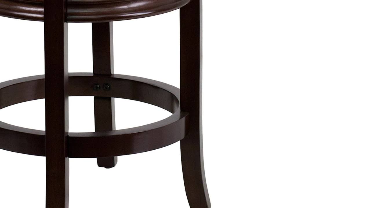 thumbnail video image 2 of Flash Furniture Carol 24'' High Backless Cappuccino Wood Counter Height Stool with Carved Apron and Black LeatherSoft Swivel Seat, 2 of 13
