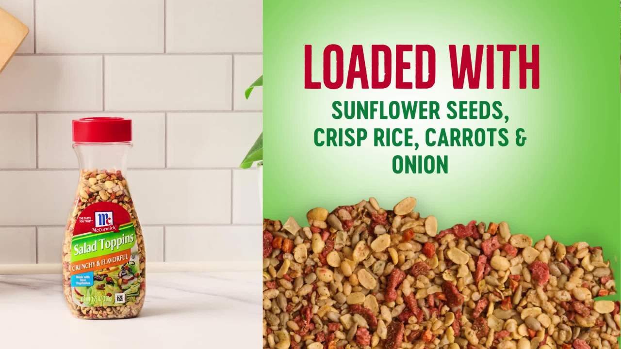 thumbnail video image 2 of McCormick Non-GMO Kosher Crunchy & Flavorful Salad Toppings, 3.75 oz Bottle, 2 of 18