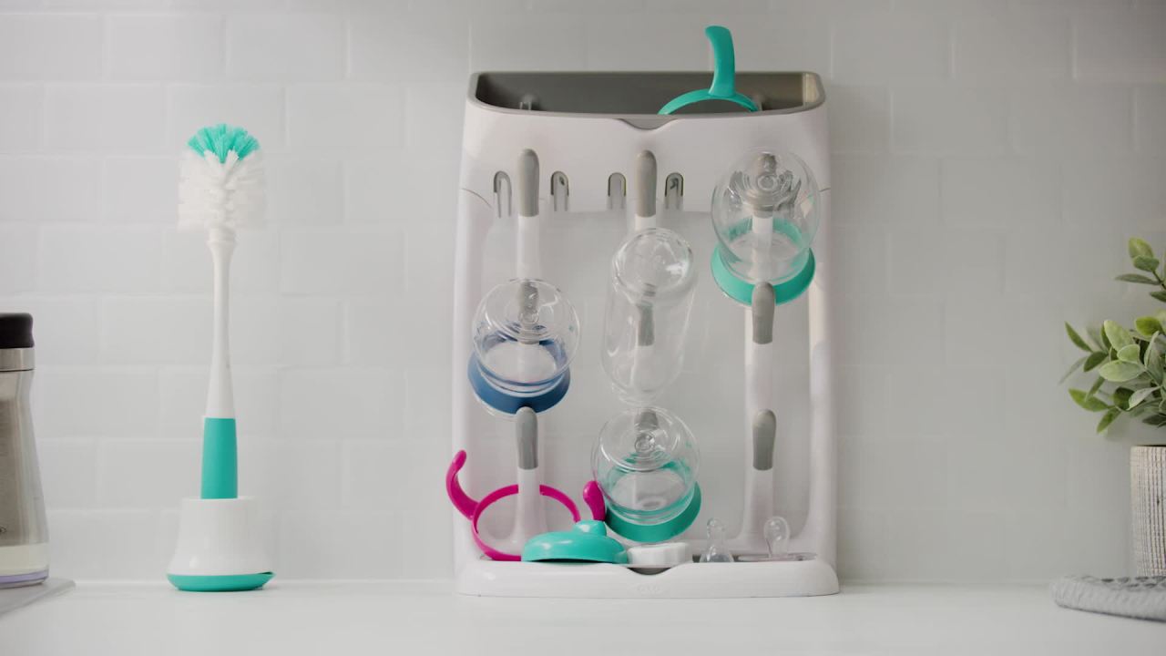 thumbnail video image 2 of OXO Space-Saving Baby Bottle Drying Rack, White, 2 of 8