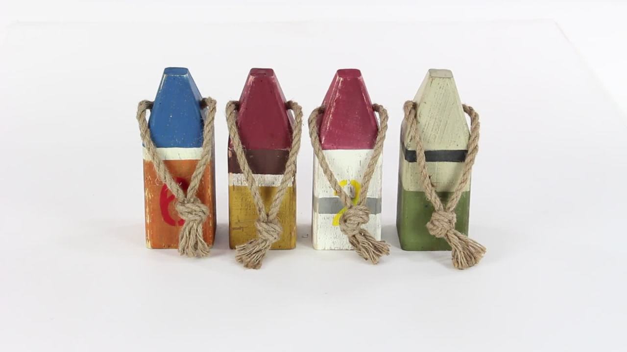 thumbnail video image 2 of 4"W, 10"H Multi Colored Wood Buoy Sculpture with Rope Accents, by DecMode (4 Count), 2 of 12
