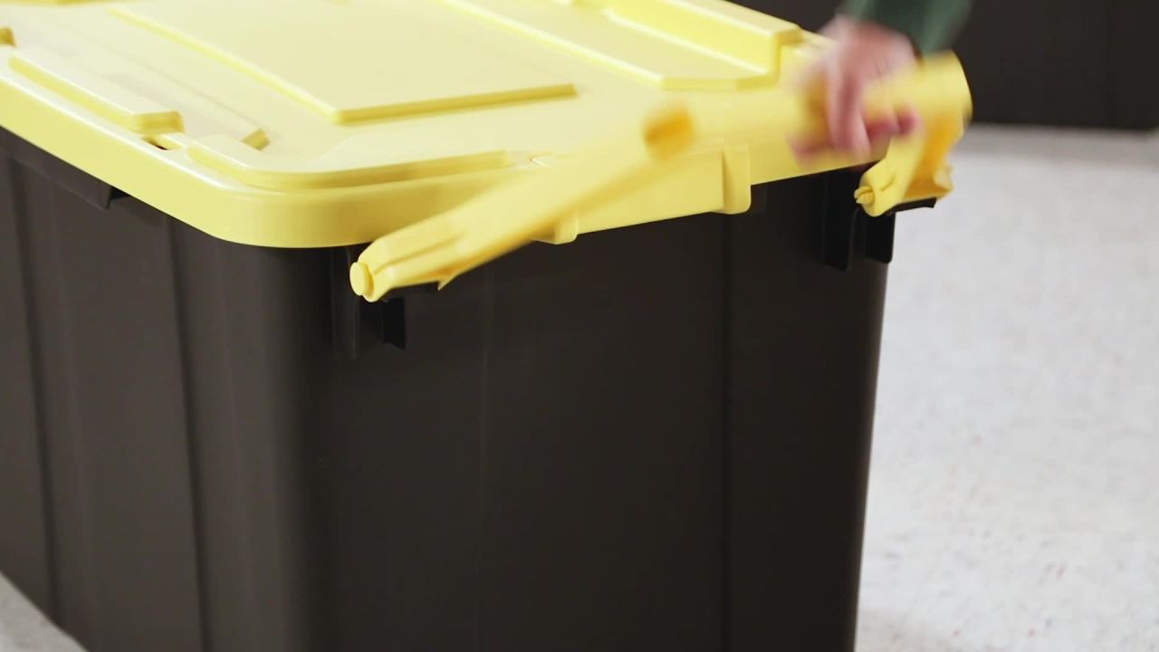 thumbnail video image 2 of Sterilite Plastic 40 Gallon Wheeled Industrial Storage Tote Yellow Lily, Set of 2, 2 of 13