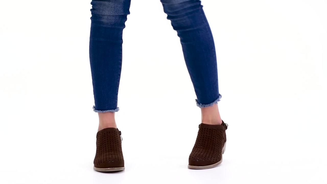 thumbnail video image 2 of Womens Stacked Heel Buckle Perforated Round Toe Ankle Booties, 2 of 2