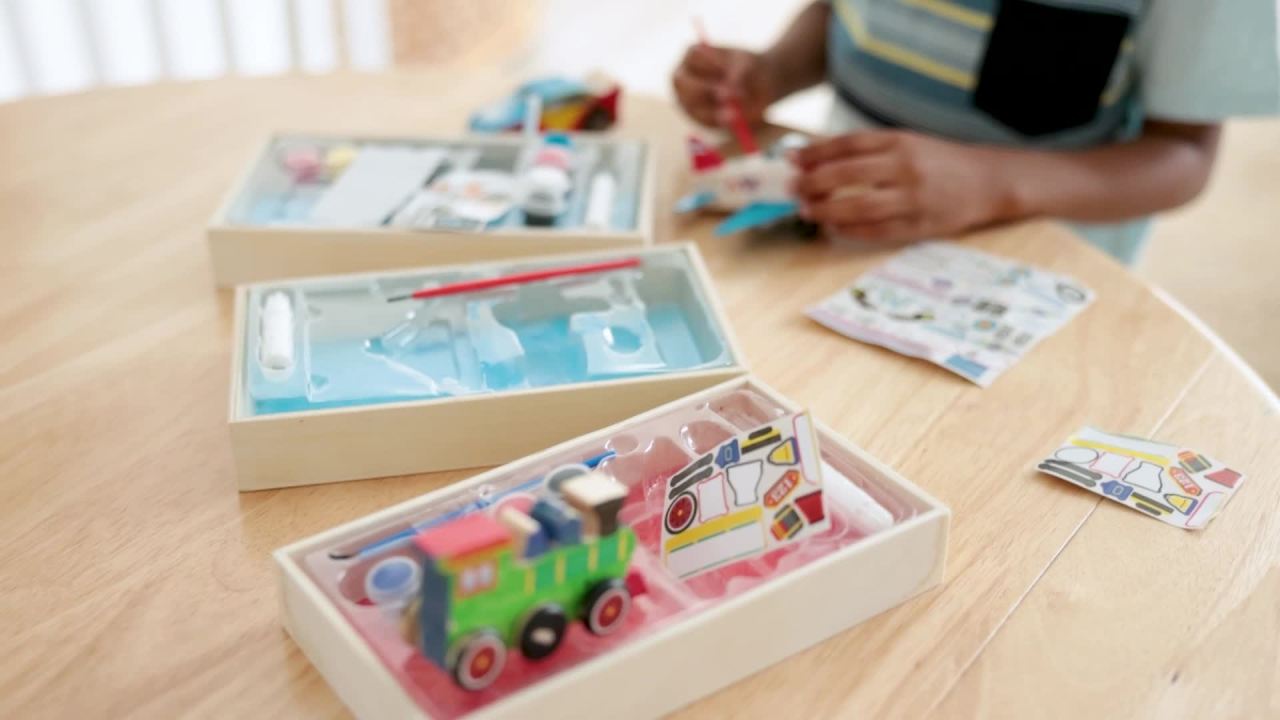 thumbnail video image 2 of Melissa & Doug Decorate-Your-Own Wooden Craft Kits 3-Pack - Plane, Train, and Race Car, 2 of 10