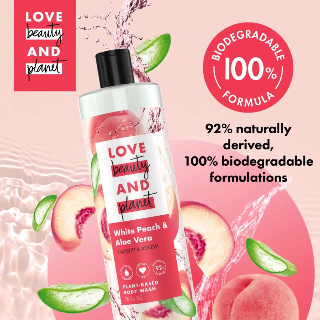 thumbnail video image 2 of Love Beauty and Planet Plant-Based Body Wash White Peach & Aloe Vera, 20 oz, 2 of 8