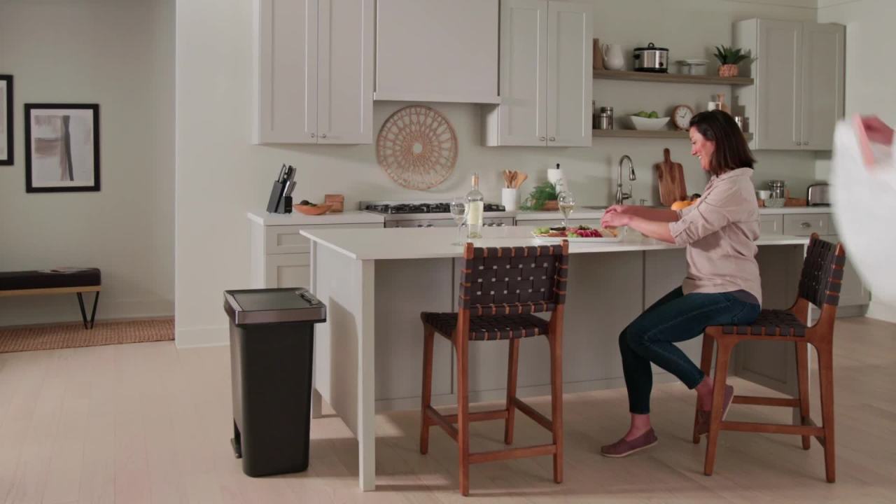 thumbnail video image 2 of Rubbermaid Kitchen Trash Can, 19 Gallon Stainless Steel Dual Compartment Step Garbage Bin, Charcoal, 2 of 9
