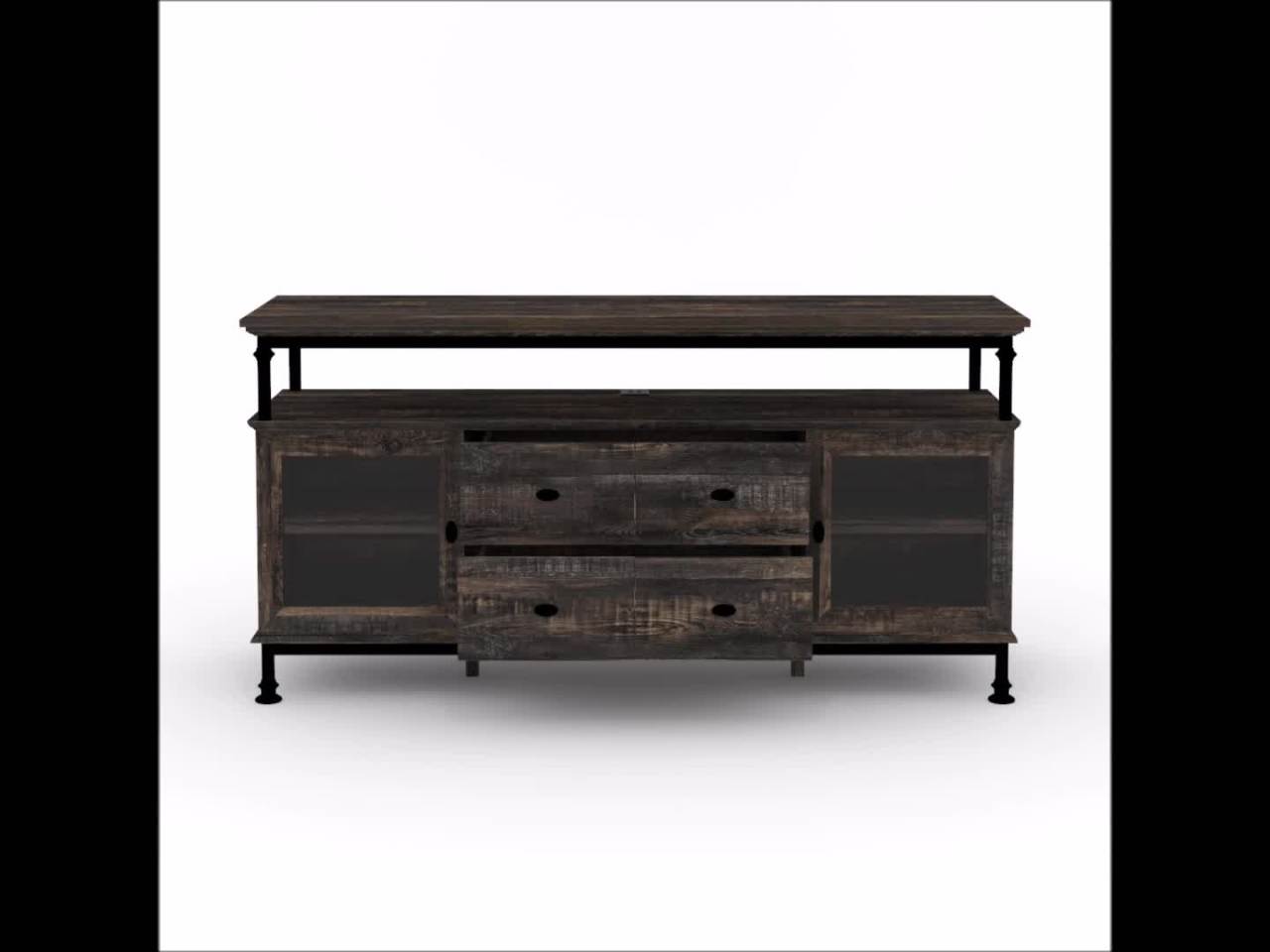 thumbnail video image 2 of Sauder Canal Street Wood and Metal TV Stand for TVs Up to 60", Carbon Oak Finish, 2 of 15