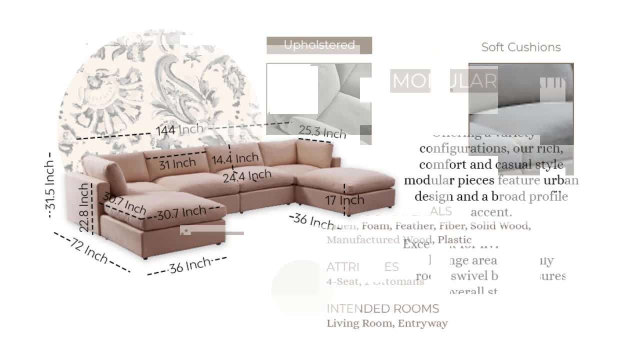 thumbnail video image 2 of Rustic Manor Saniyah Navy Linen Modular U-Sofa Chaise Sectional, 2 of 10