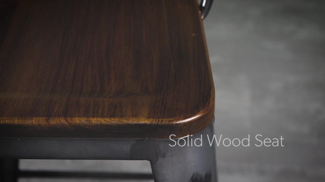 thumbnail video image 2 of OFM 161 Collection Industrial Modern 4 Pack 26" High Back Metal Stools with Solid Ash Wood Seats, Galvanized Steel Bar Stools, in Gunmetal/Walnut (161-26-GM-WNT-4), 2 of 16