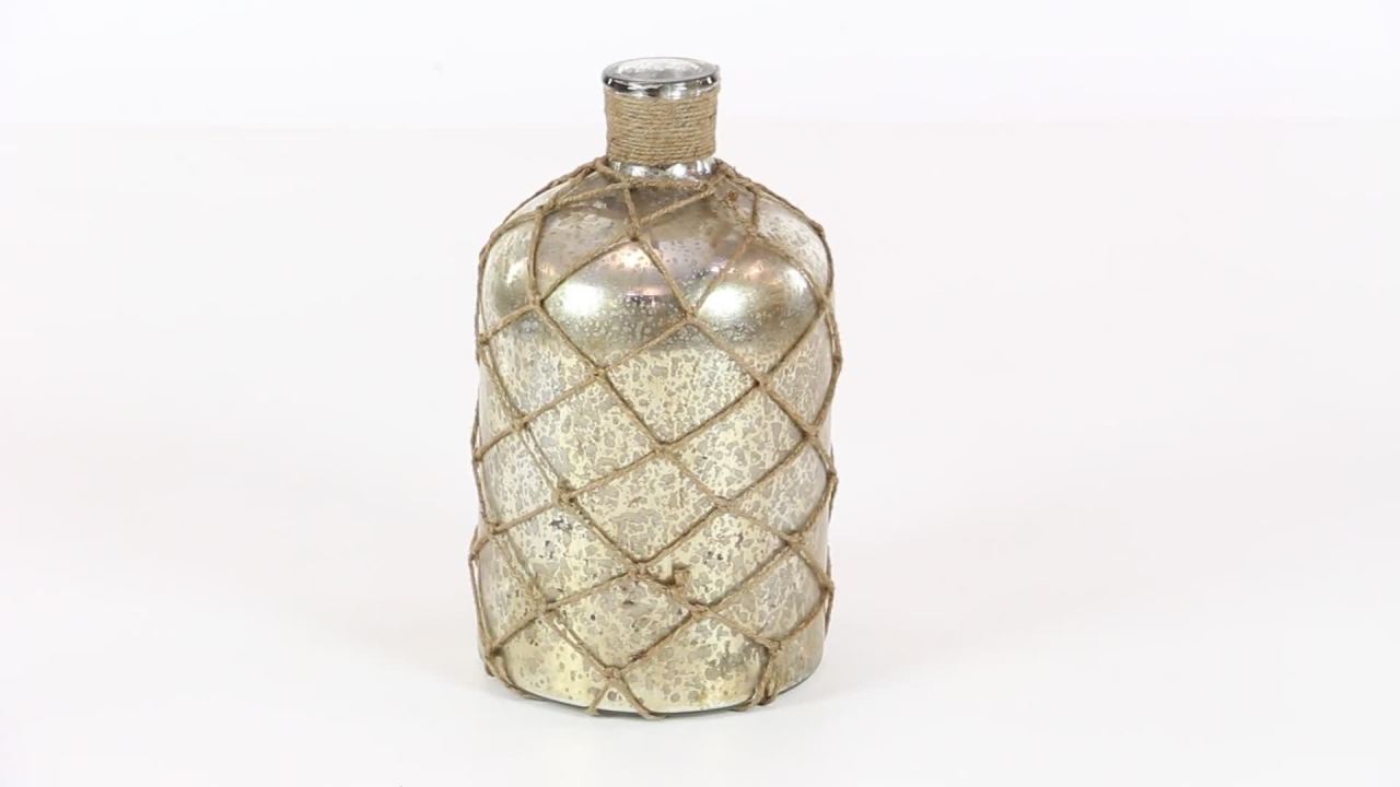 thumbnail video image 2 of DecMode Rustic 12 inch distressed silver vintage glass bottle with rope netting, 2 of 7