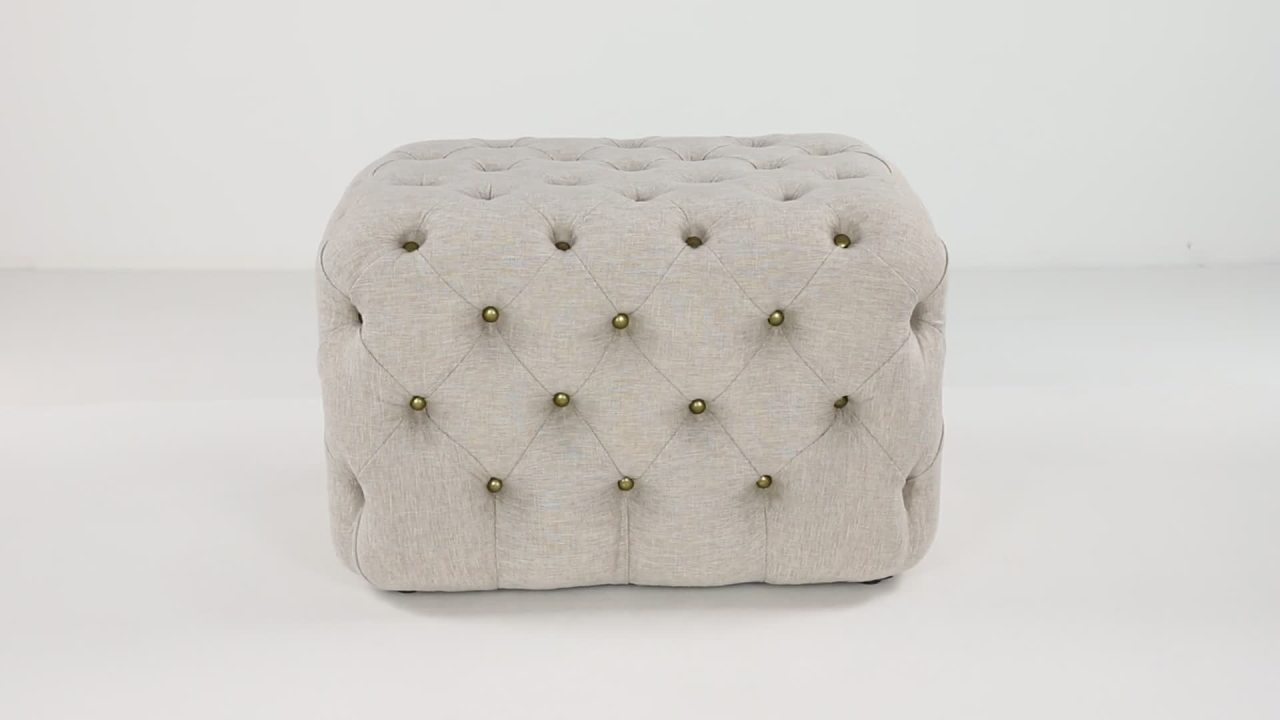 thumbnail video image 2 of DecMode 28" x 19" Beige Linen Fabric Tufted Ottoman, 1-Piece, 2 of 8