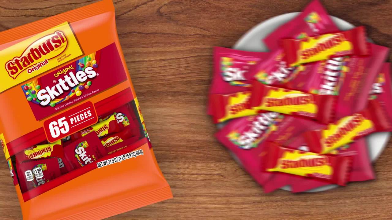 thumbnail video image 2 of Mars Mixed Skittles and Starburst Fun Size Chewy Candy Variety Pack - 65 Ct Bag, 2 of 12