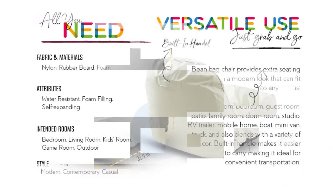 thumbnail video image 2 of Loungie Cosmic Foam Bean Bag Chair Nylon Indoor/ Outdoor Self Expanding Water Resistant Beige, 2 of 9