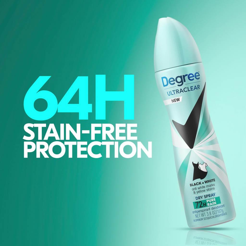 thumbnail video image 3 of Degree Ultra Clear Long Lasting Antiperspirant Deodorant Dry Spray, Pure Rain, 3.8 oz, 3 of 12