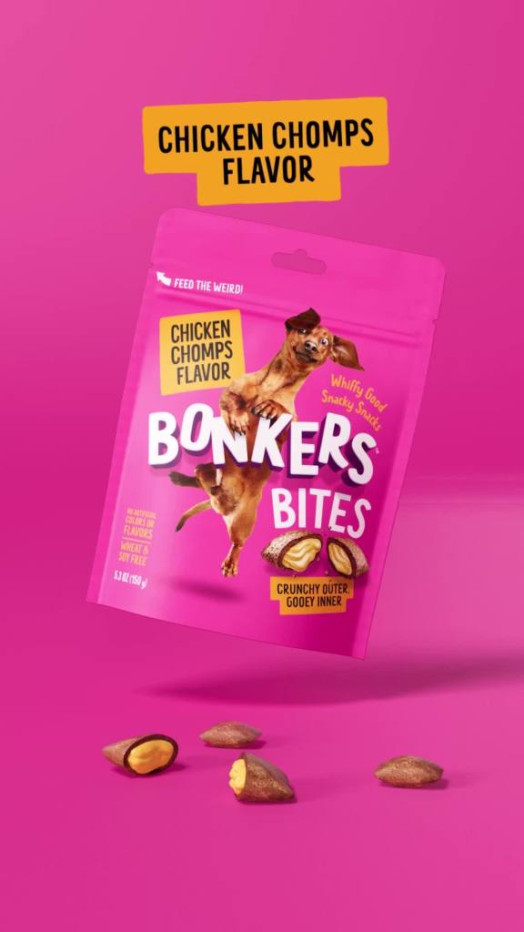 thumbnail video image 2 of (6 pack) BONKERS Bites Chicken Chomps Flavor Crunchy & Soft Treats for Dogs, 5.3oz Bag, 2 of 15