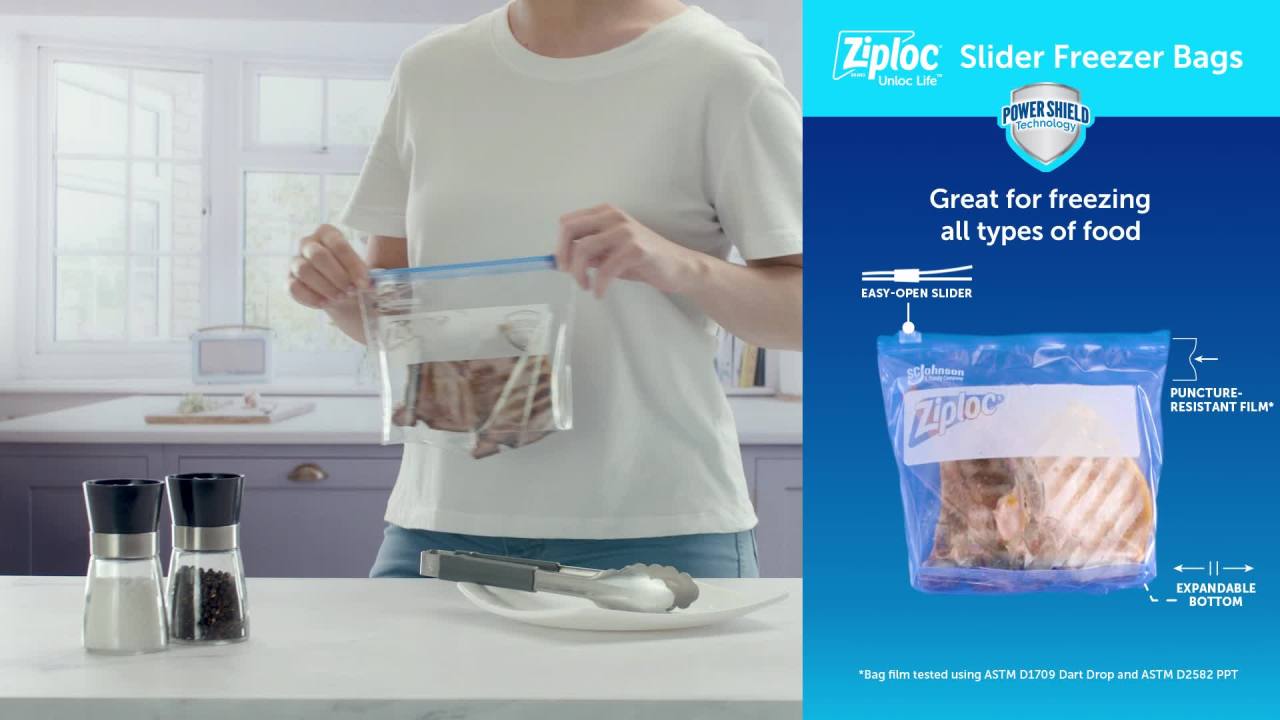 thumbnail video image 2 of Ziploc® Brand Slider Freezer Bags with Power Shield Technology, Quart, 25 Count, 2 of 12