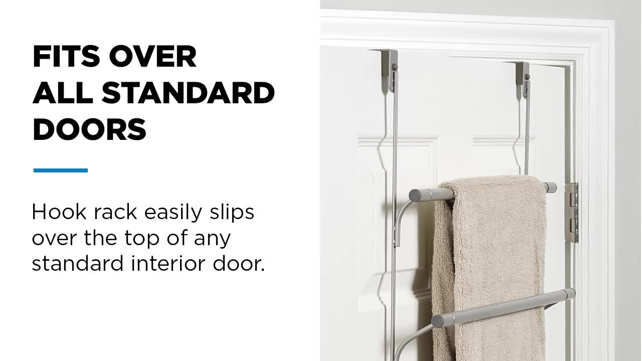 thumbnail video image 2 of Mainstays SnugFit over-the-Door 3-Tier Towel Bar and 2 Hooks Hanging Storage, No Tools, Satin Nickel, 2 of 11