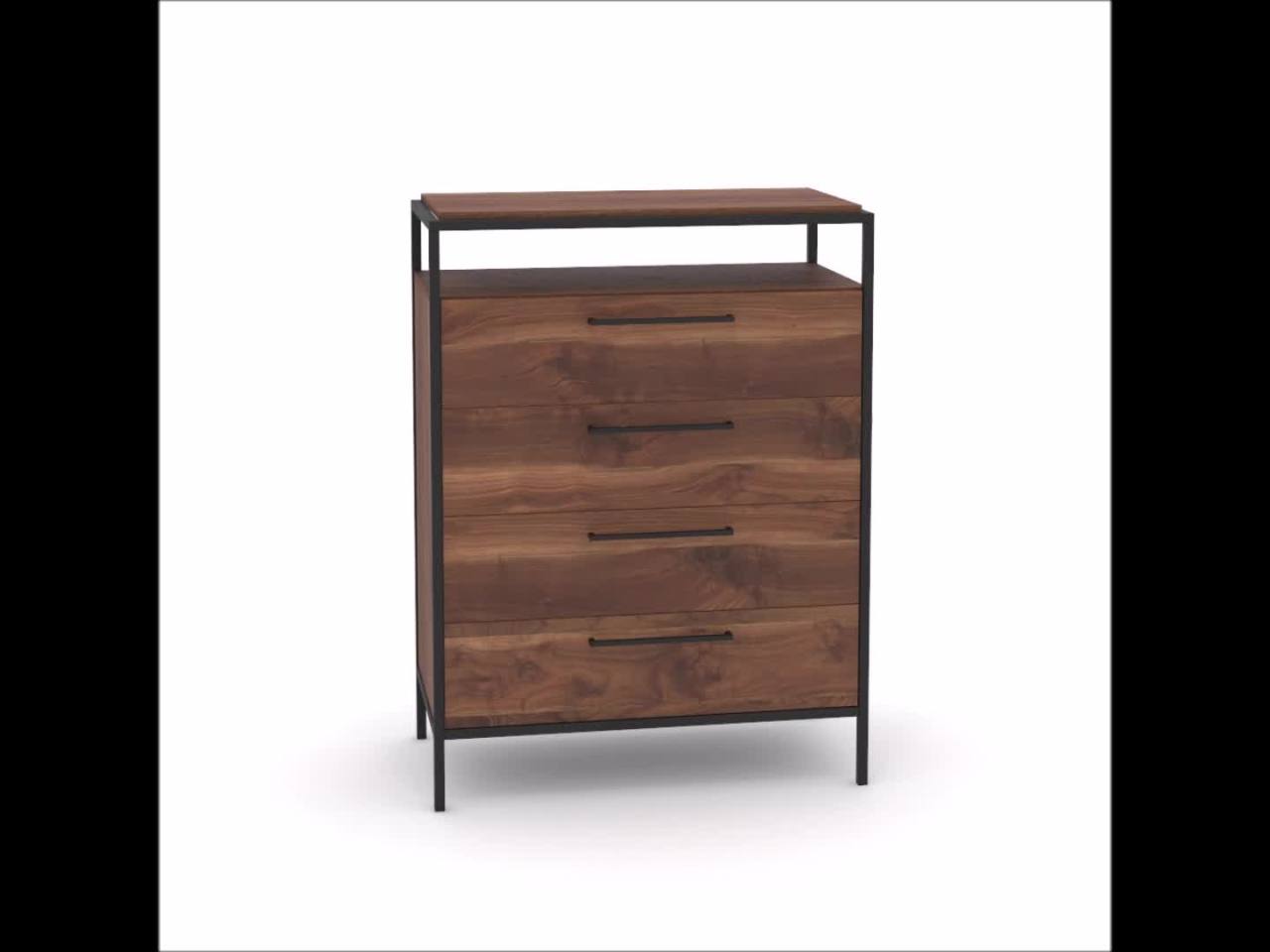 thumbnail video image 2 of Sauder Nova Loft 4-Drawer Bedroom Dresser with Open Shelf, Grand Walnut Finish, 2 of 10