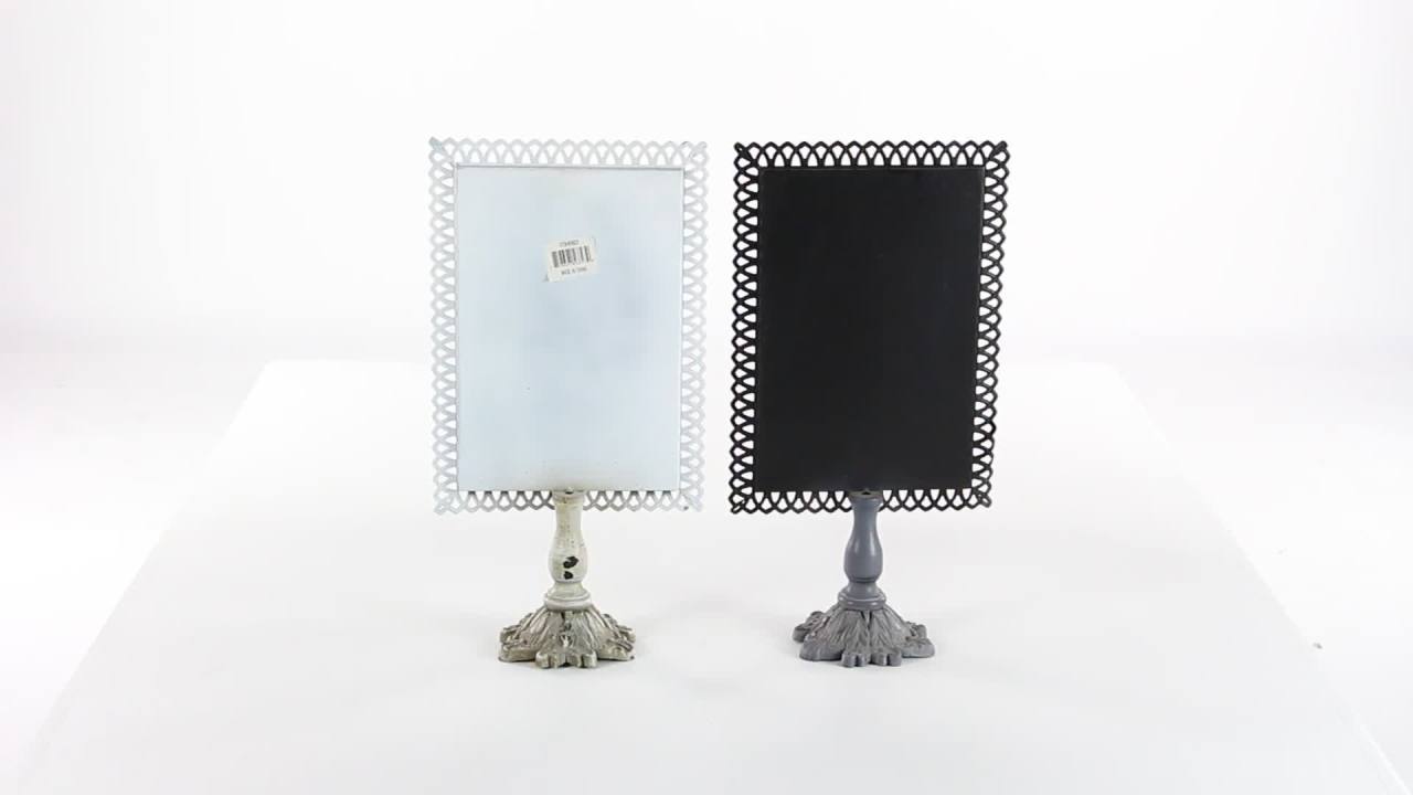 thumbnail video image 2 of DecMode Set of 2 farmhouse 20 x 10 inch iron and black wood trellis design chalkboards with stand, 2 of 10