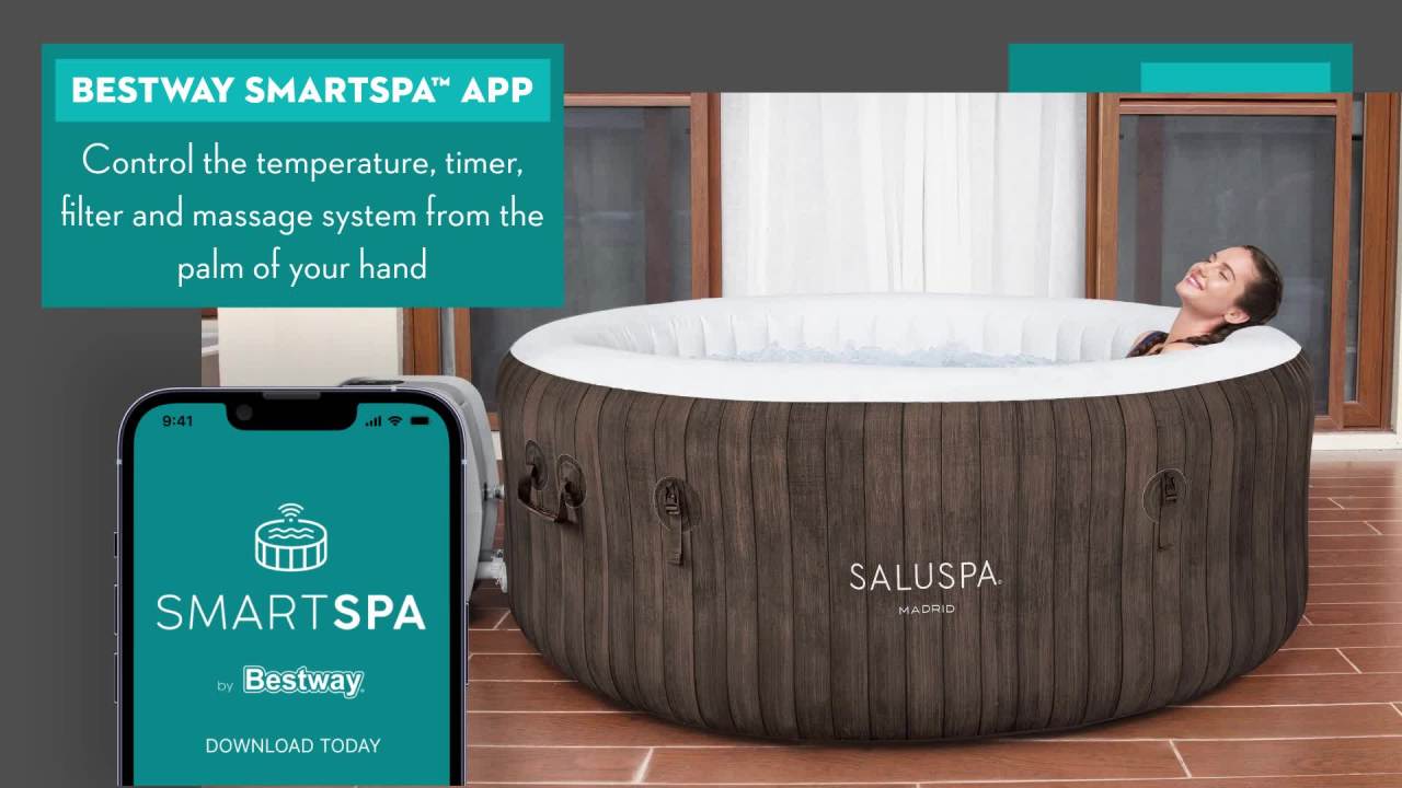 thumbnail video image 2 of SaluSpa® Madrid Smart AirJet Outdoor Round Inflatable Hot Tub with App Control 2-4 Person with Pump #P09144, 2 of 10