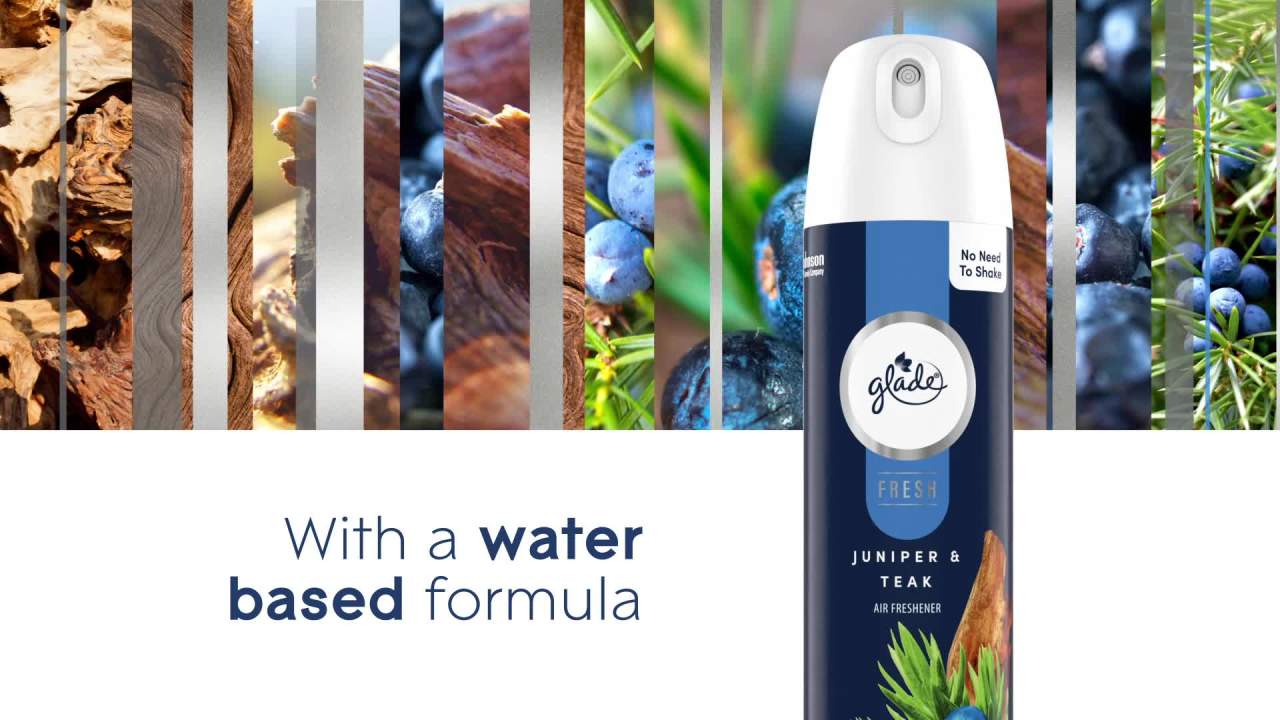 thumbnail video image 2 of Glade Air Freshener Spray, Juniper & Teak, Fresh Collection, Fragrance Infused with Essential Oils, 100% Natural Propellent, 8 oz, 2 of 9