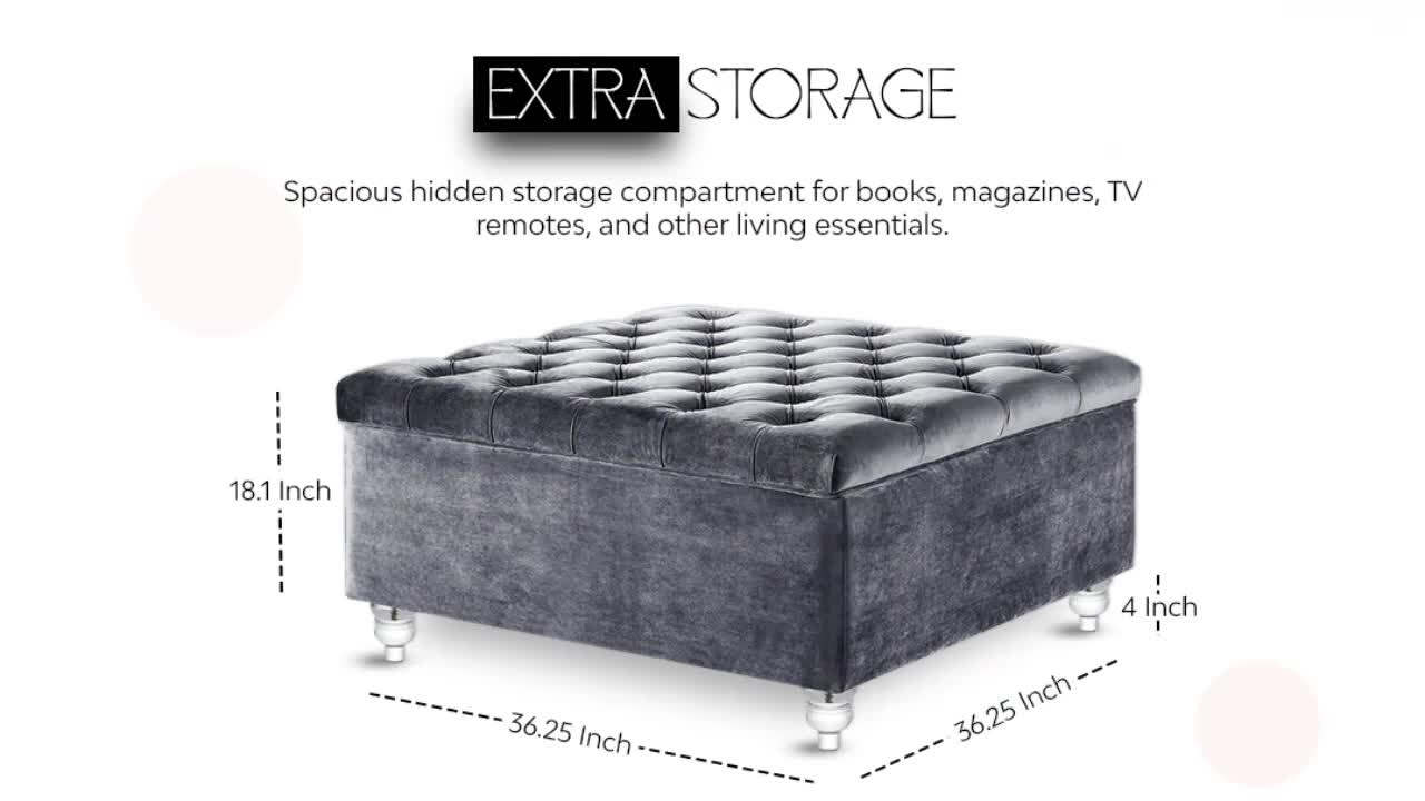 thumbnail video image 2 of Inspired Home Clarissa Velvet Ottoman Coffee Table, Black, 2 of 9