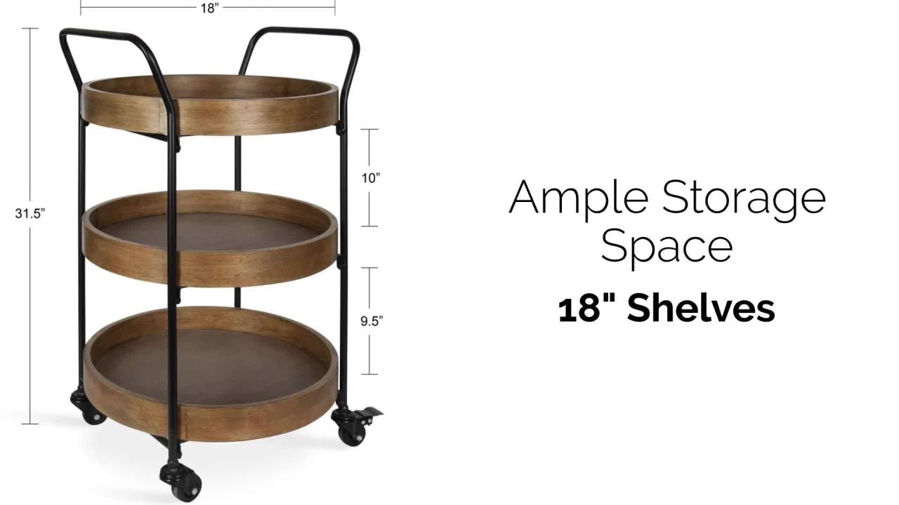 thumbnail video image 2 of Kate and Laurel Lloyd Mid-Century Modern Transitional 3-Tier Metal/Wood Bar Cart, 31-1/2"H x 18"W x 18"D, Rustic Brown/Black, 2 of 8