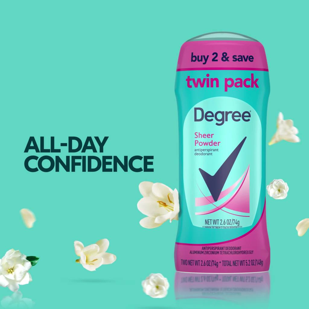 thumbnail video image 2 of Degree Sheer Powder Antiperspirant Deodorant 2.6 oz Twin Pack, 2 of 10