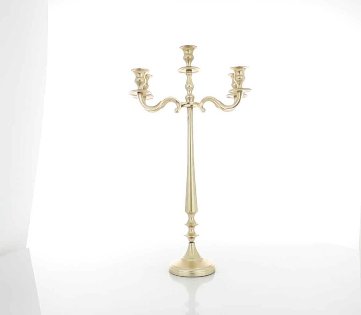 thumbnail video image 2 of DecMode Traditional Five Tulip Shaped Candelabra Style Candle Holder, 13"W x 24"H with Aluminum Gold Polished Finish, 2 of 10