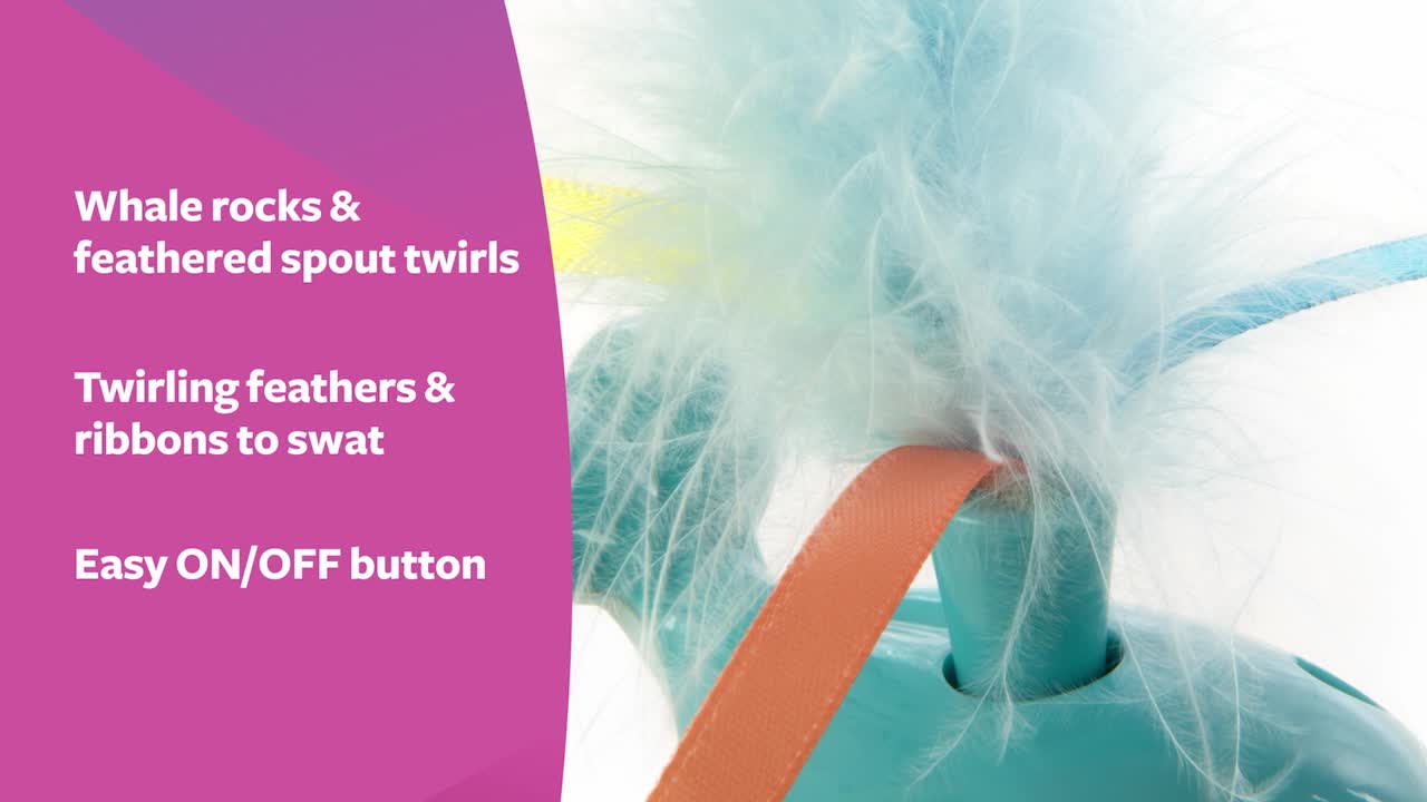 thumbnail video image 2 of SmartyKat Spout 'N Spin Motion Cat Toy with Twirling Feathers & Ribbons, Blue Whale, 2 of 8