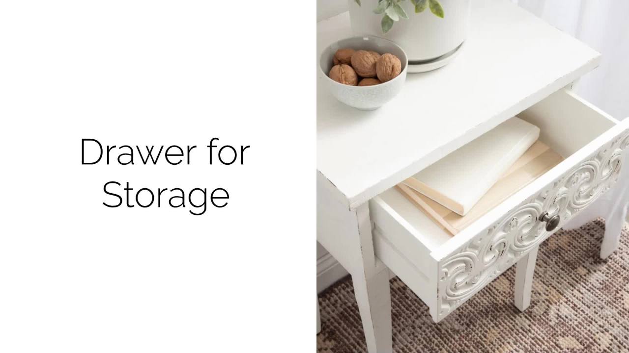 thumbnail video image 2 of Kate and Laurel Cassetta Soft Rustic Rectangle Side Table, 19 x 14 x 28, Hazelnut, Wooden Living Room End Table with Useful Pull Drawer for Storage, 2 of 9