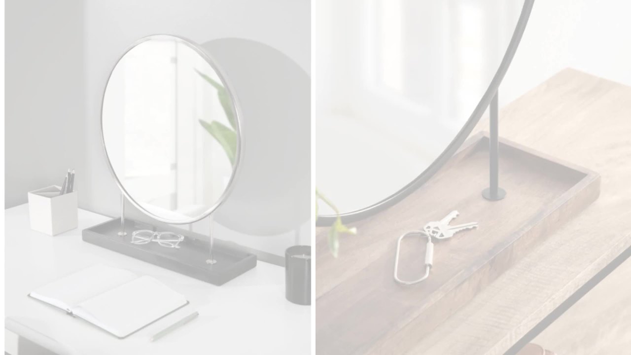 thumbnail video image 2 of Kate and Laurel Maxfield Round Tabletop Mirror, Silver/Black 18x22, 2 of 11