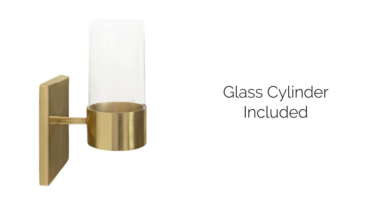 thumbnail video image 2 of Kate and Laurel Zabler Modern Metal Wall Sconce, 5 x 6 x 10, Gold, Round Candle Holder with Removable Glass Cylinder for Flameless Candle Display in Bedroom or Bathroom, 2 of 9