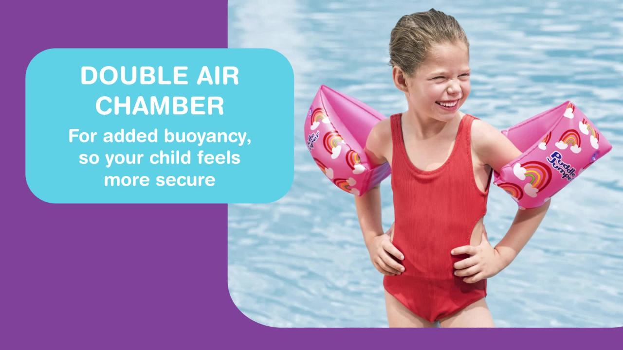 thumbnail video image 2 of Puddle Jumper WonderSplash Inflatable Armband Floaties, Rainbow, 40-132 lbs Weight Capacity, 2 of 13