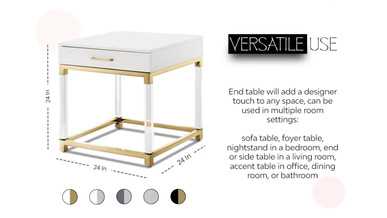 thumbnail video image 2 of Ebbe Dark Grey/Chrome End Table - High Gloss Finish, Acrylic Legs, Stainless Steel Base, 1 Drawer, 2 of 10