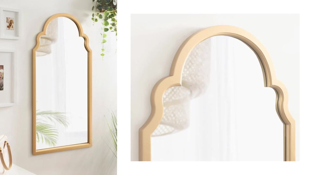 thumbnail video image 2 of Kate and Laurel Hogan Wooden Arched Wall Mirror, 24 x 36, Dark Walnut, Vintage Moroccan Arch Wood Mirror with Unique Scalloped Corners and Large Size, 2 of 8