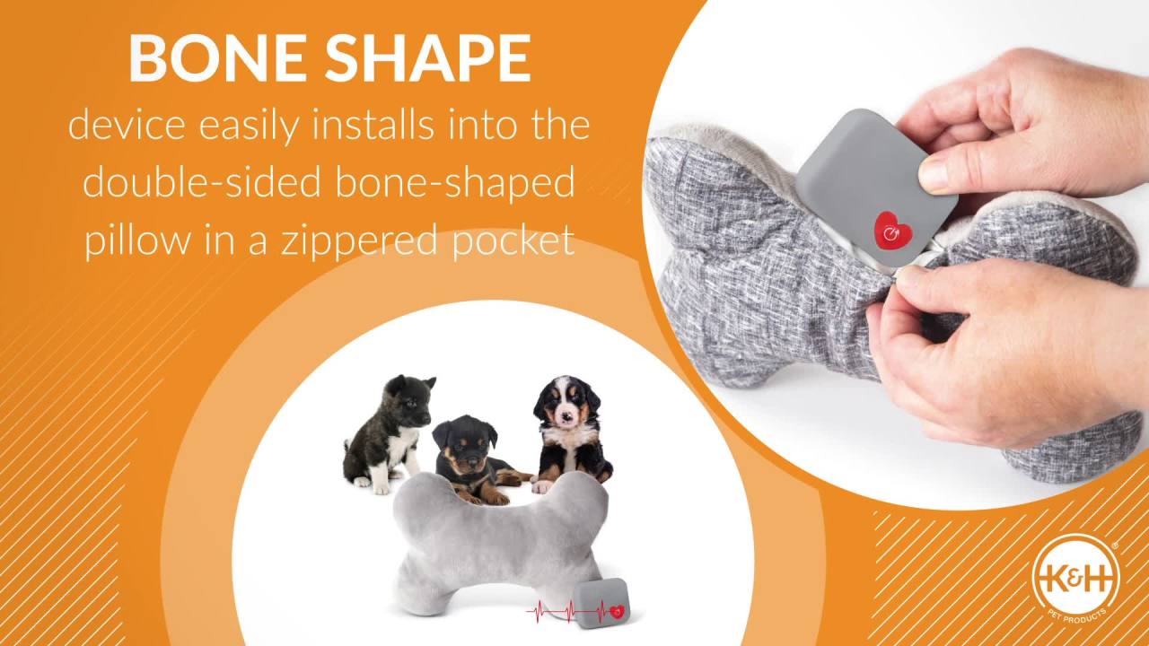 thumbnail video image 2 of K&H Pet Products Mother's Heartbeat Calming Dog Toy Bone Pillow Gray Large Breed Heartbeat 13 Inch, 2 of 9