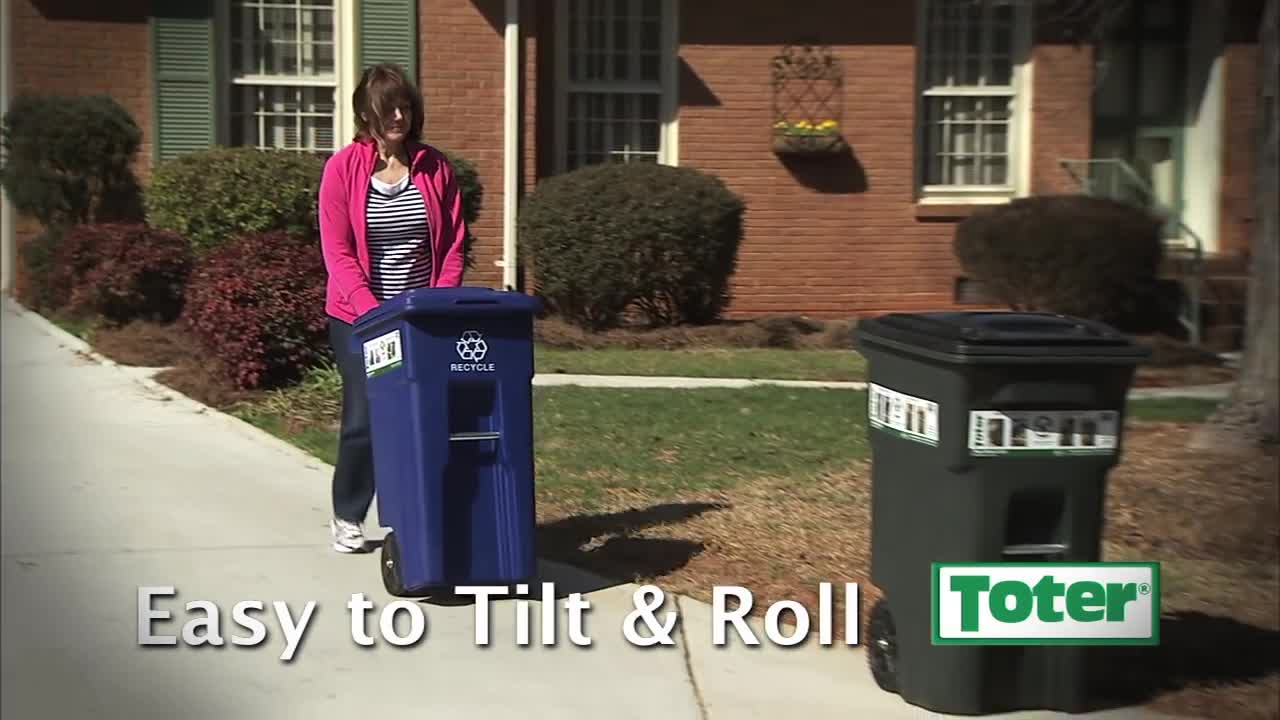 thumbnail video image 2 of Toter 64-Gallon Blue Polyethylene Trash Can With Quite Rubber Wheels and Lid, 2 of 8