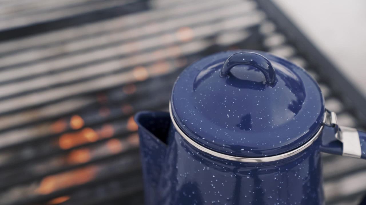 thumbnail video image 2 of Stansport Enamel Percolator Coffee Pot & 4 Mug Set - Blue, 2 of 9