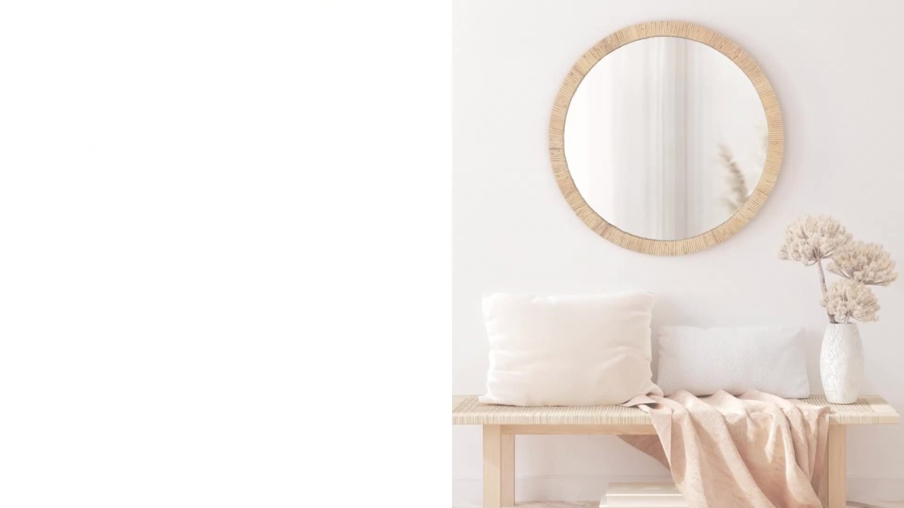 thumbnail video image 2 of Kate and Laurel Rahfy Boho Rectangle Rattan Wall Mirror, 24 x 36, Natural Wood, Decorative Rounded Rectangular Mirror with Authentic Rattan Frame for Bathroom Vanity Mirror, 2 of 9