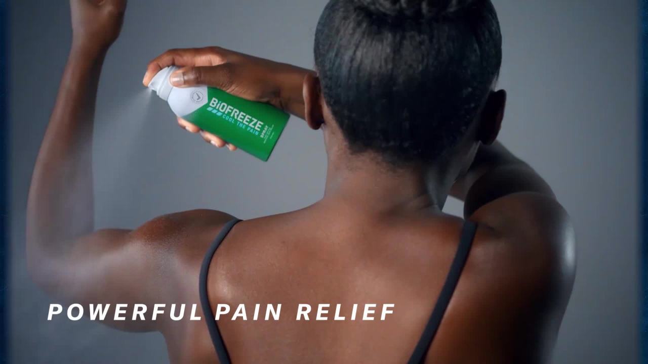 thumbnail video image 3 of (2 pack) Biofreeze Pain Relief Spray, Back Knee Muscle Joint and Arthritis Pain Relievers, Menthol, 3 oz, 3 of 12
