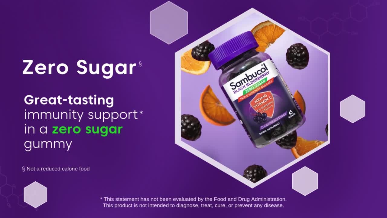 thumbnail video image 3 of Sambucol Triple Immunity Zero Sugar Gummies with Vitamin C and Vitamin D, 45 Count, 3 of 11