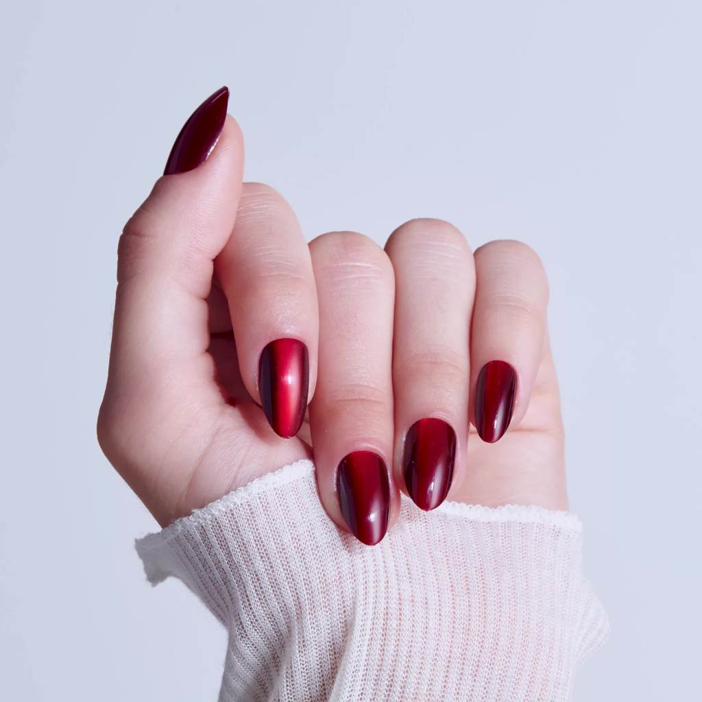 thumbnail video image 2 of Kiss Core Magnetic Press On Nails Almond, ‘Apple Blossom’, Red, Medium Length, 32 Count, 2 of 15