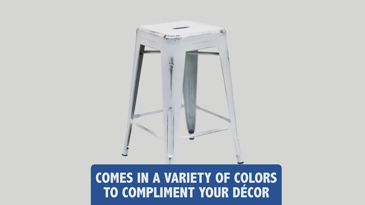 thumbnail video image 2 of Flash Furniture Commercial Grade 24" High Backless Distressed Green-Blue Metal Indoor-Outdoor Counter Height Stool, 2 of 8