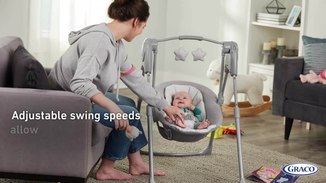 thumbnail video image 3 of Graco Slim Spaces Compact Baby Swing, Adjustable Height, Reign, 3 of 8