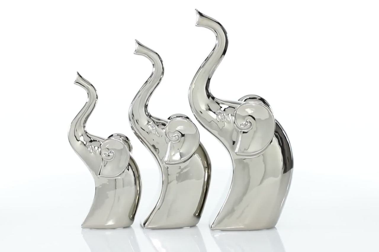 thumbnail video image 2 of 14", 12", 10"H Silver Porcelain Elephant Sculpture, by DecMode (3 Count), 2 of 8