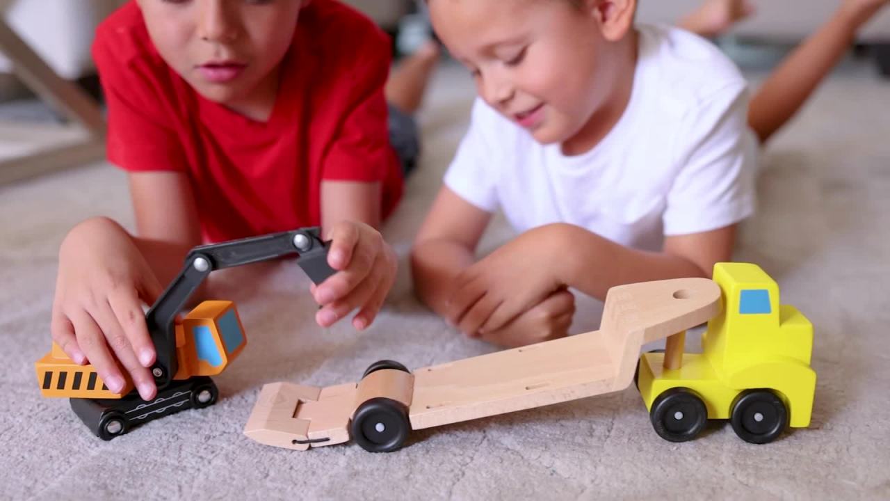 thumbnail video image 2 of Melissa & Doug Trailer and Excavator Wooden Vehicles Set - 3 Pieces, 2 of 10