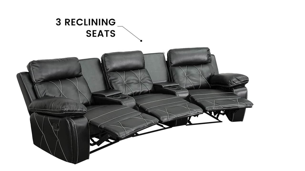 thumbnail video image 2 of Flash Furniture Reel Comfort Series 3-Seat Reclining Black LeatherSoft Theater Seating Unit with Curved Cup Holders, 2 of 5