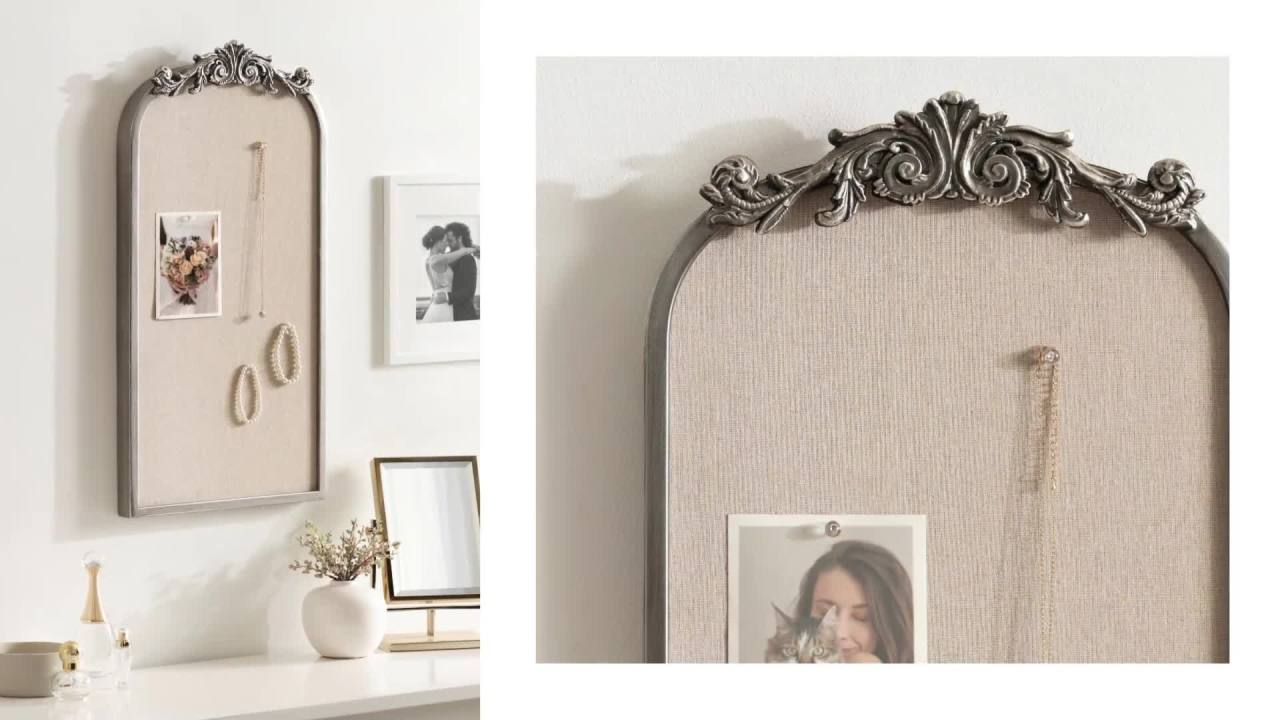 thumbnail video image 2 of Kate and Laurel Arendahl Decorative Oval Pinboard, 18 x 24, Gold, Framed Round Ornate Vintage Cork Board for Use as Motivational Vision Board or Wall Organizer, 2 of 9