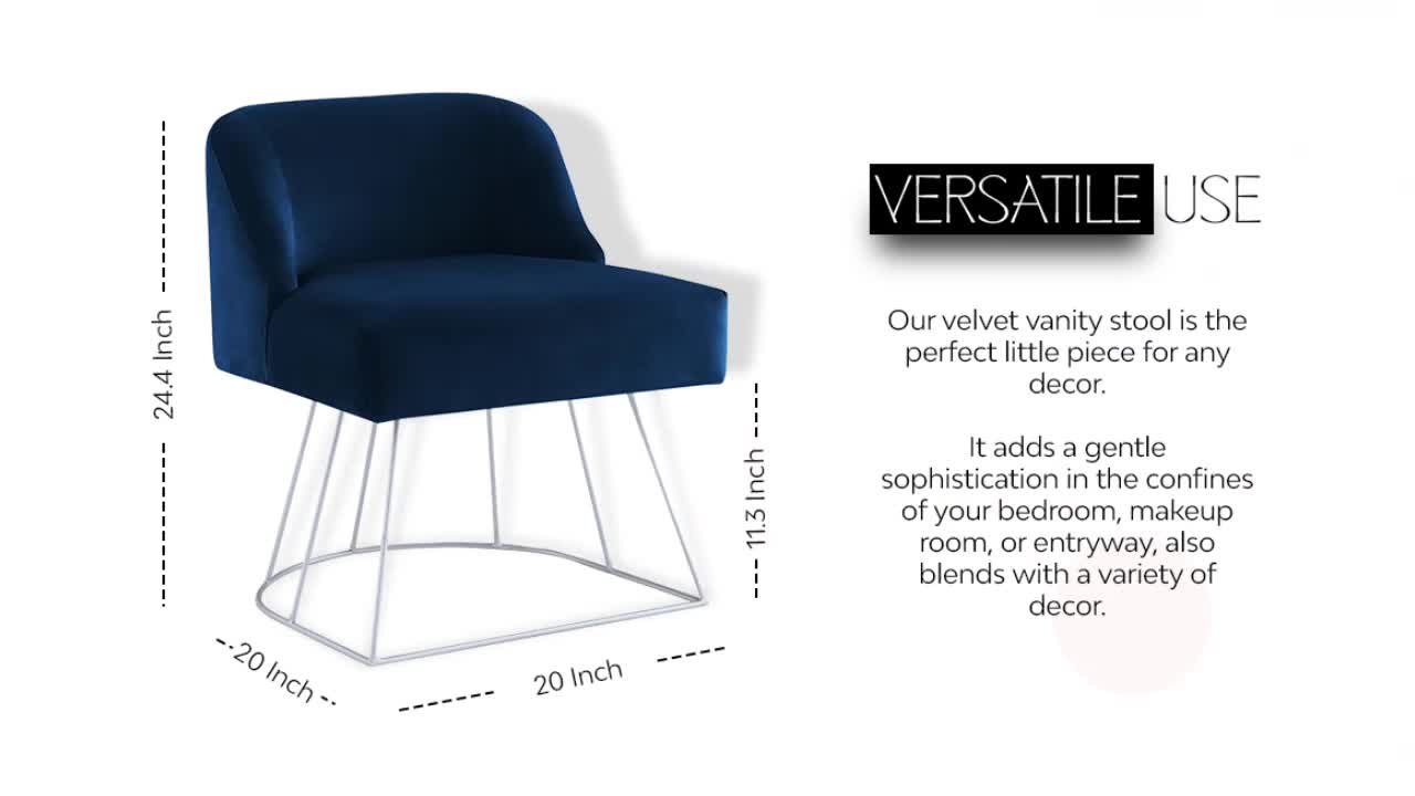 thumbnail video image 2 of Nansen Navy Velvet Vanity Stool - Upholstered, Metal Base, Armless, 2 of 9