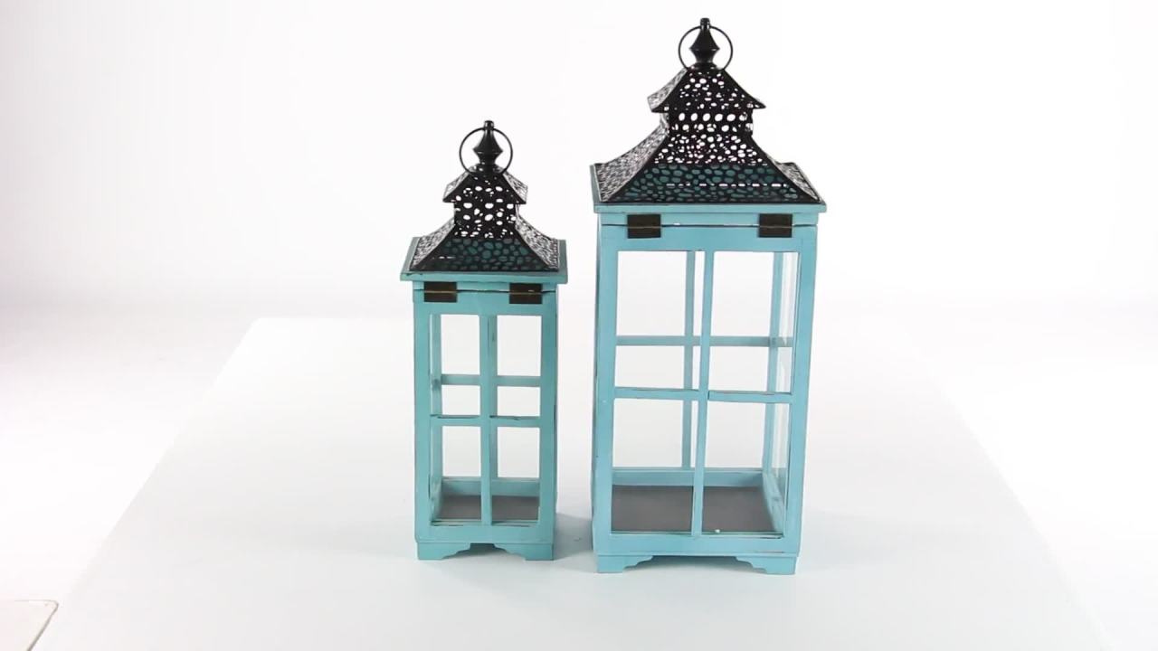 thumbnail video image 2 of DecMode 2 Holder Blue Wood Lighthouse Style Decorative Candle Lantern, Set of 2, 2 of 10
